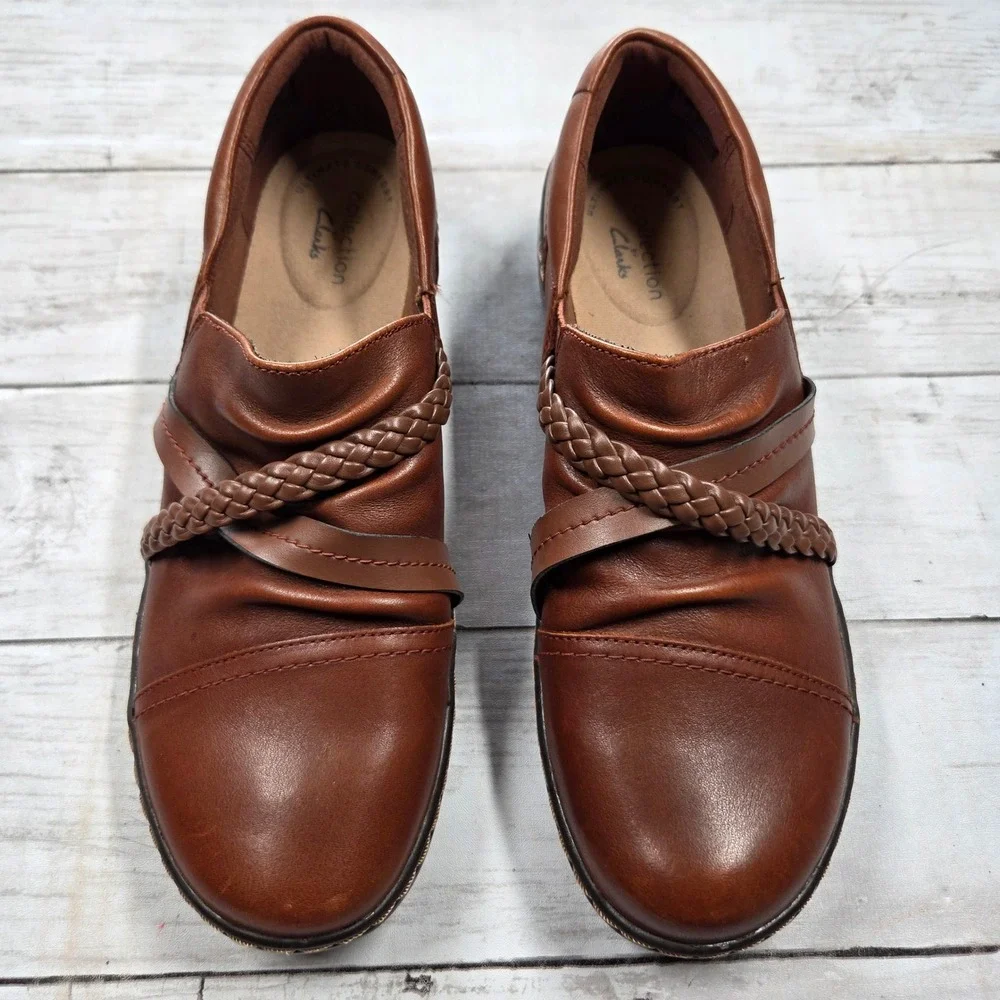 Clarks Collection Ultimate Comfort Loafers Women 7M Brown Leather Braided Ruched